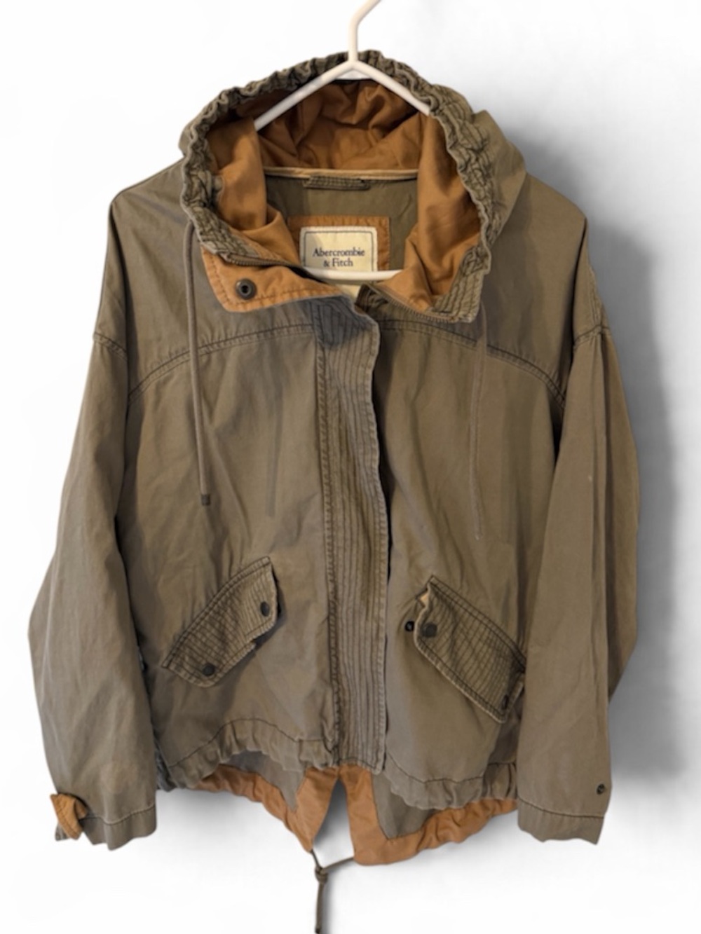Abercrombie & Fitch Olive Green Hooded Utility Jacket with Tan Lining